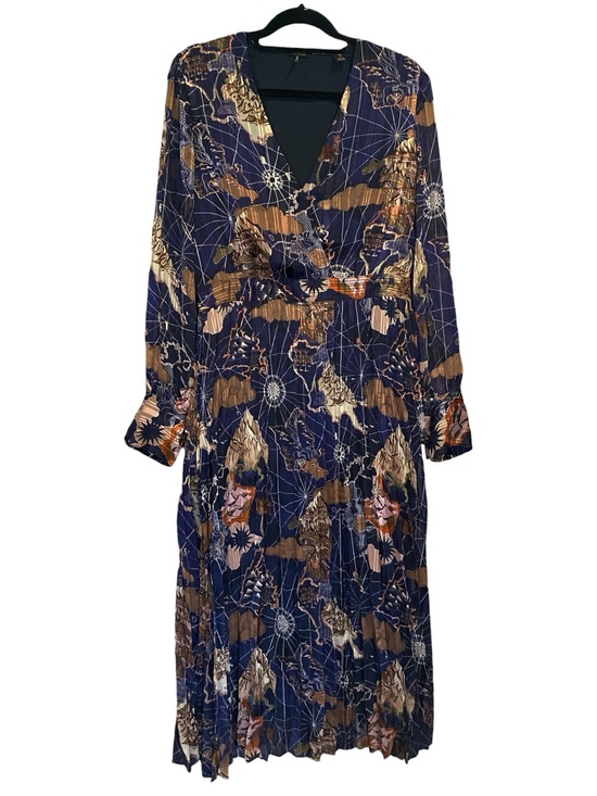 Scotch & Soda Dresses & Skirts - Scotch & Soda Size XL Navy Blue Map Print Pleated Midi Dress Long Sleeve EUC
